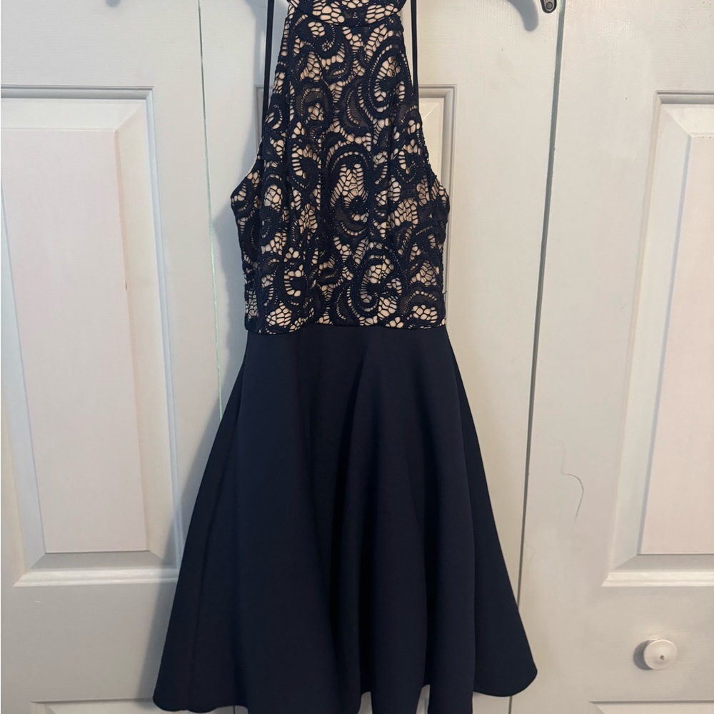 B Darlin Navy and Beige Lace Halter Dress